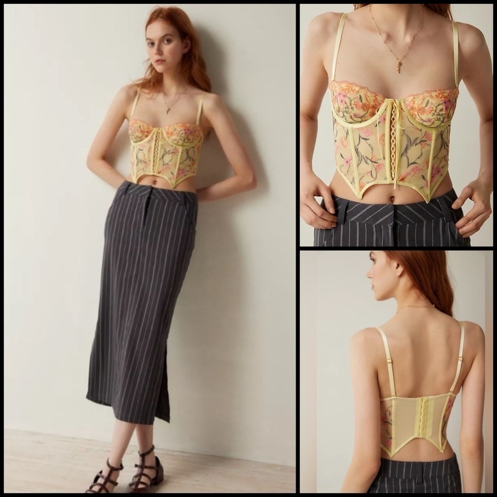 Out From Under Floral Yellow Semi Sheer Mesh Embroidered Coquette Bustier L